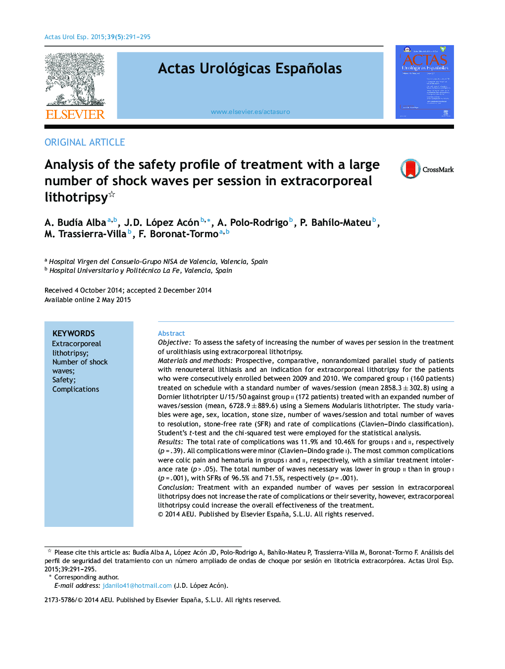 Analysis of the safety profile of treatment with a large number of shock waves per session in extracorporeal lithotripsy 