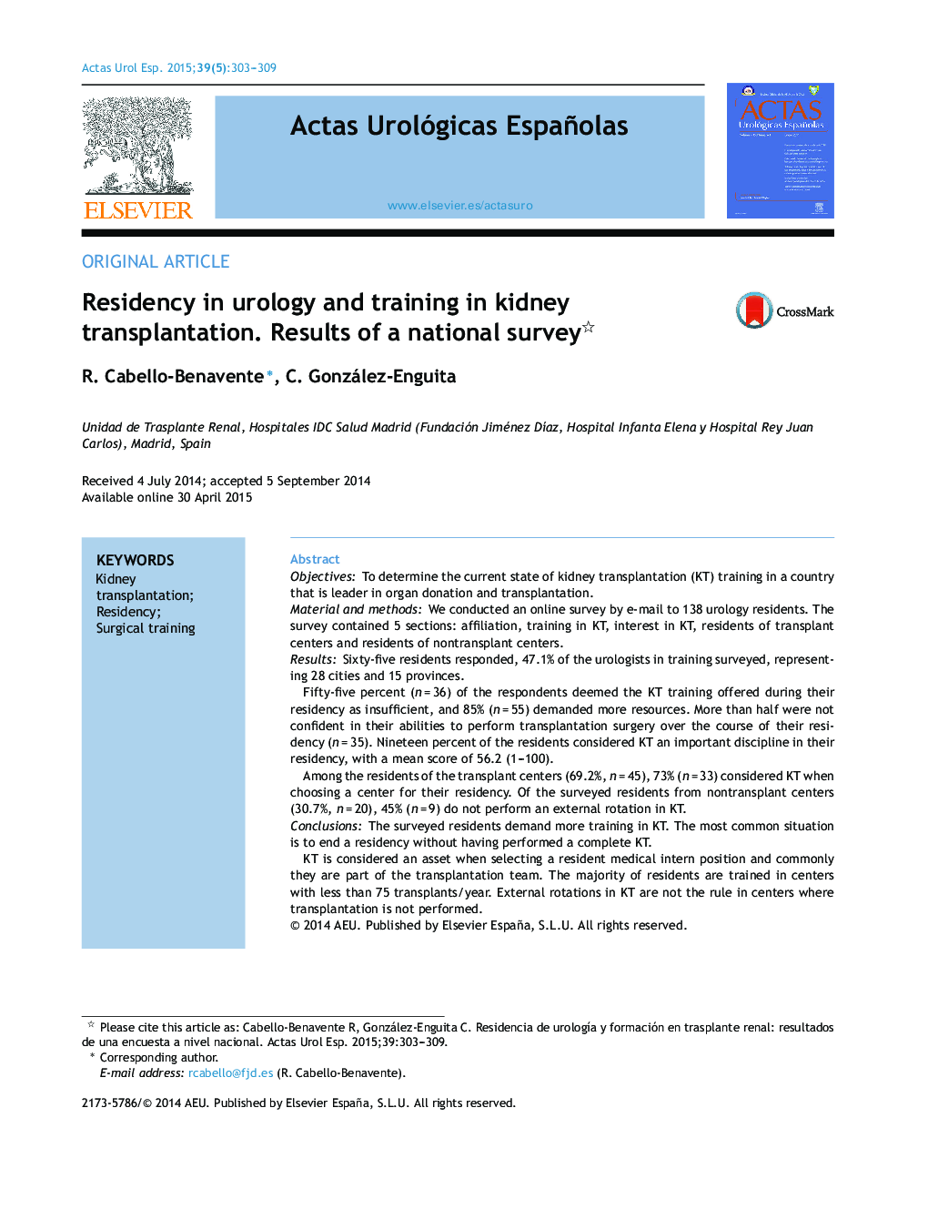 Residency in urology and training in kidney transplantation. Results of a national survey 