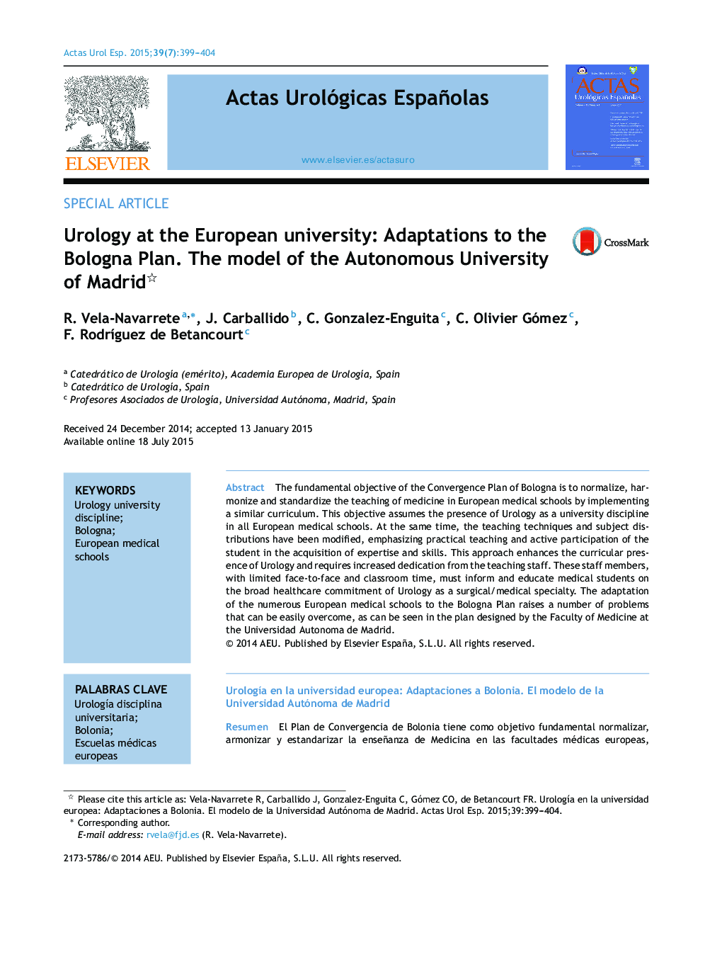 Urology at the European university: Adaptations to the Bologna Plan. The model of the Autonomous University of Madrid 