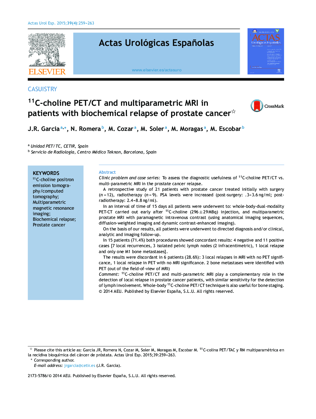 11C-choline PET/CT and multiparametric MRI in patients with biochemical relapse of prostate cancer