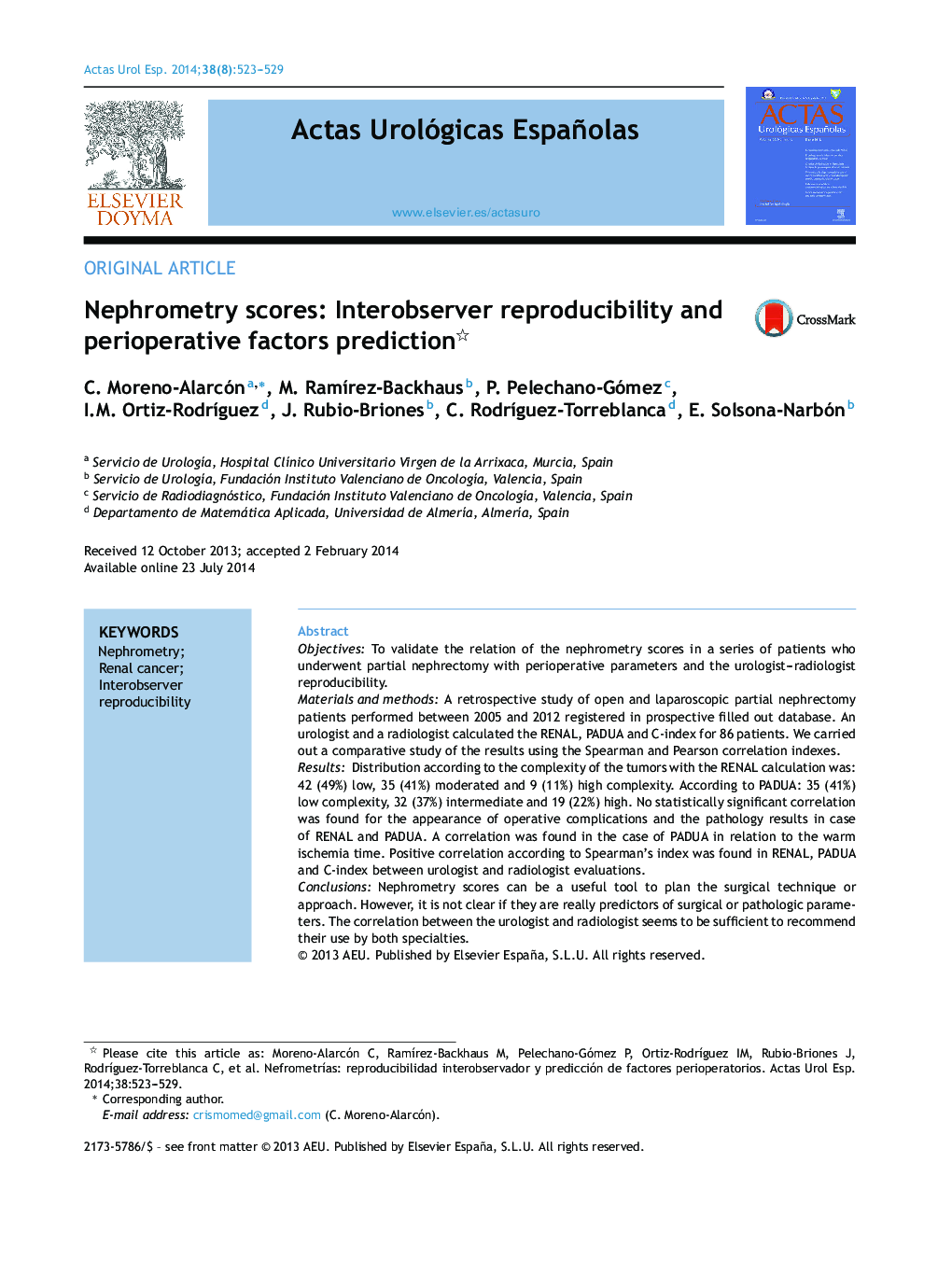 Nephrometry scores: Interobserver reproducibility and perioperative factors prediction 