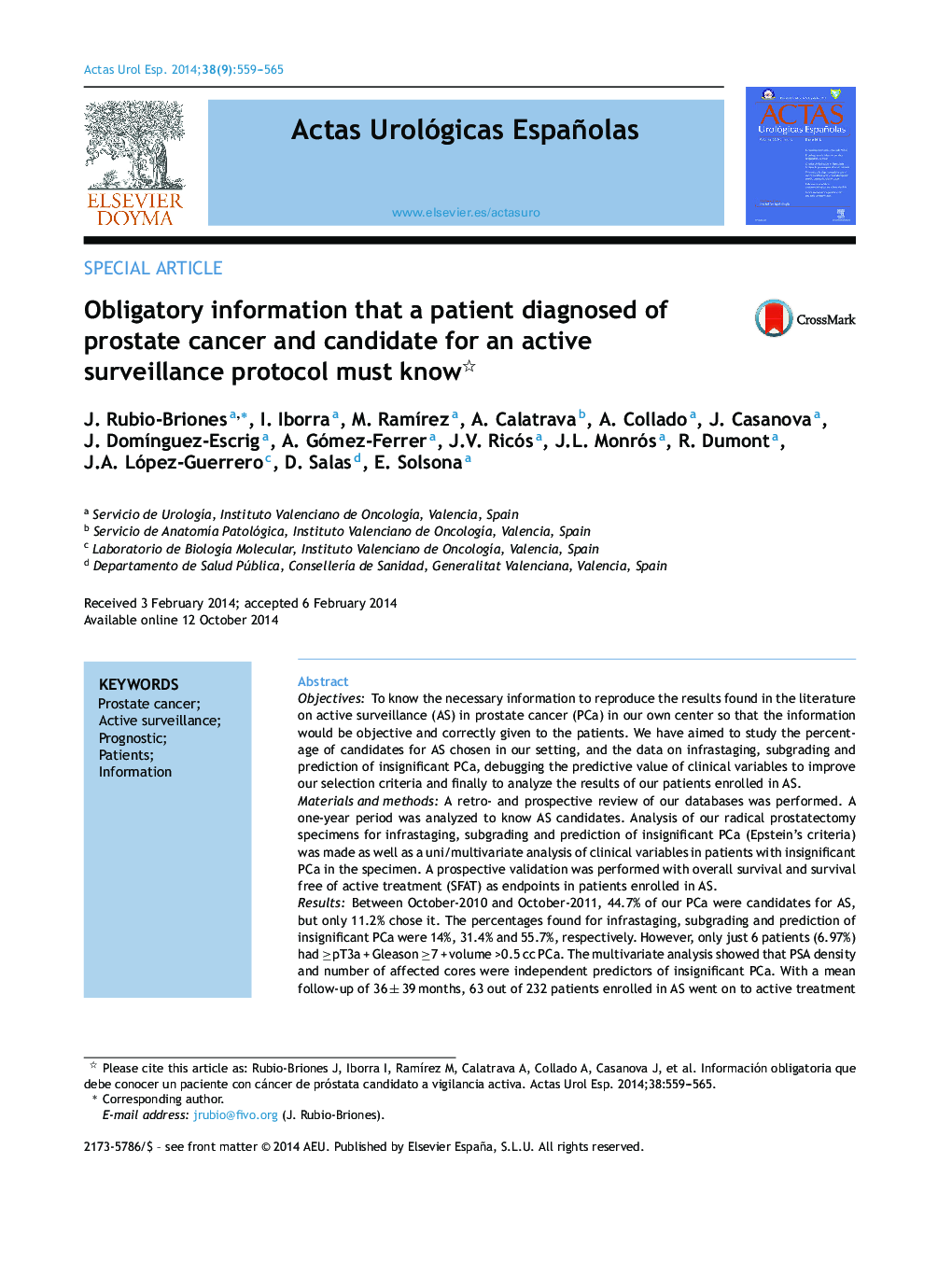 Obligatory information that a patient diagnosed of prostate cancer and candidate for an active surveillance protocol must know 