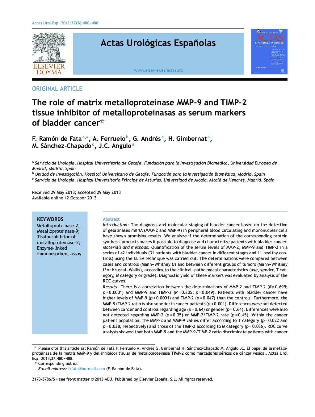 The role of matrix metalloproteinase MMP-9 and TIMP-2 tissue inhibitor of metalloproteinasas as serum markers of bladder cancer 