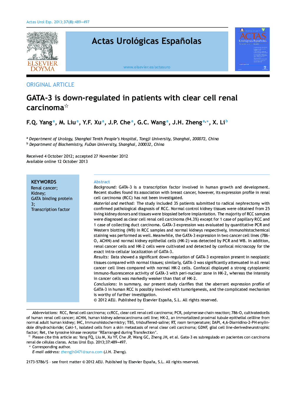 GATA-3 is down-regulated in patients with clear cell renal carcinoma 