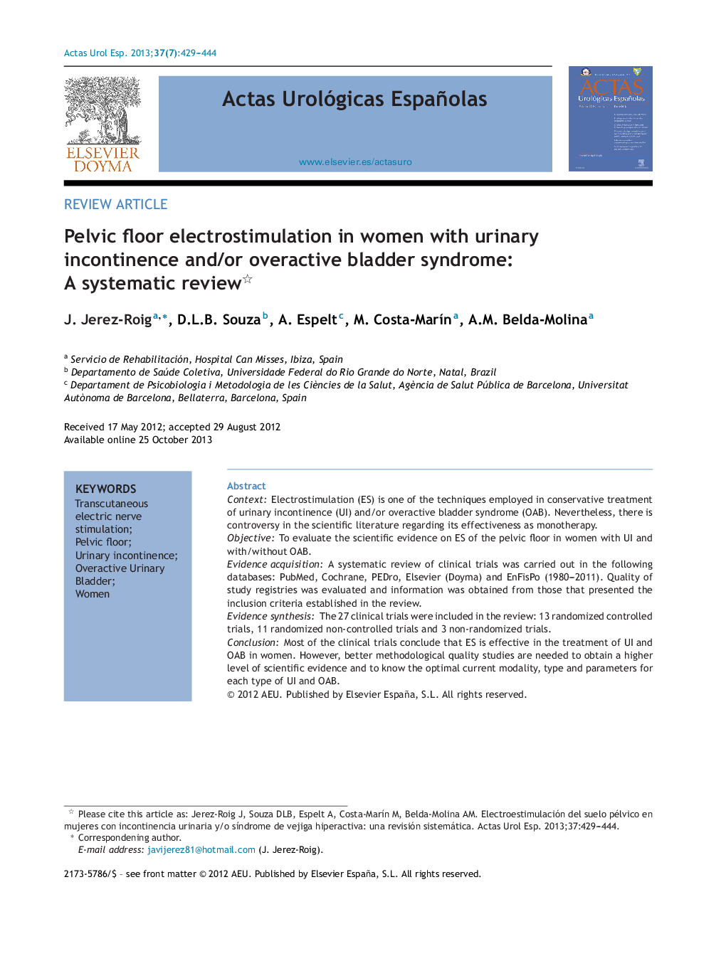 Pelvic floor electrostimulation in women with urinary incontinence and/or overactive bladder syndrome: A systematic review 