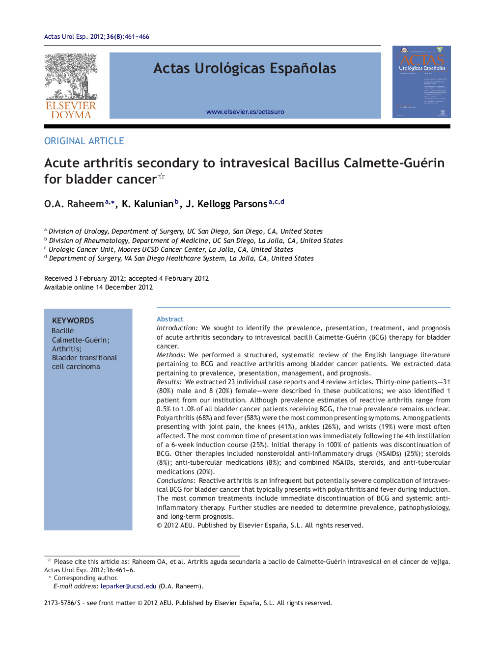 Acute arthritis secondary to intravesical Bacillus Calmette-Guérin for bladder cancer