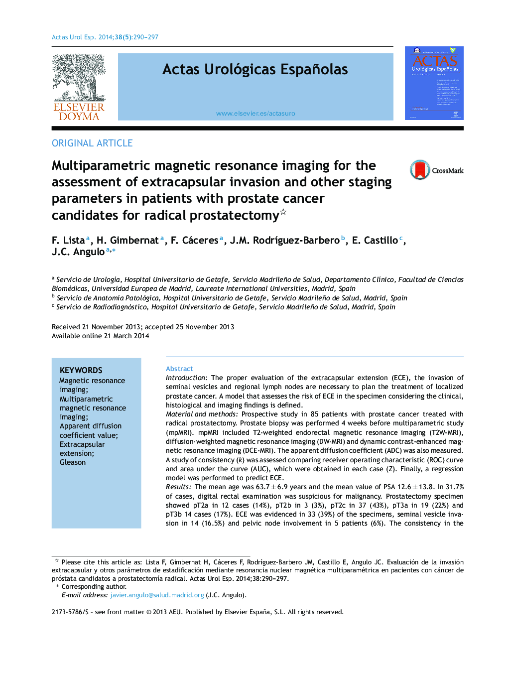 Multiparametric magnetic resonance imaging for the assessment of extracapsular invasion and other staging parameters in patients with prostate cancer candidates for radical prostatectomy 