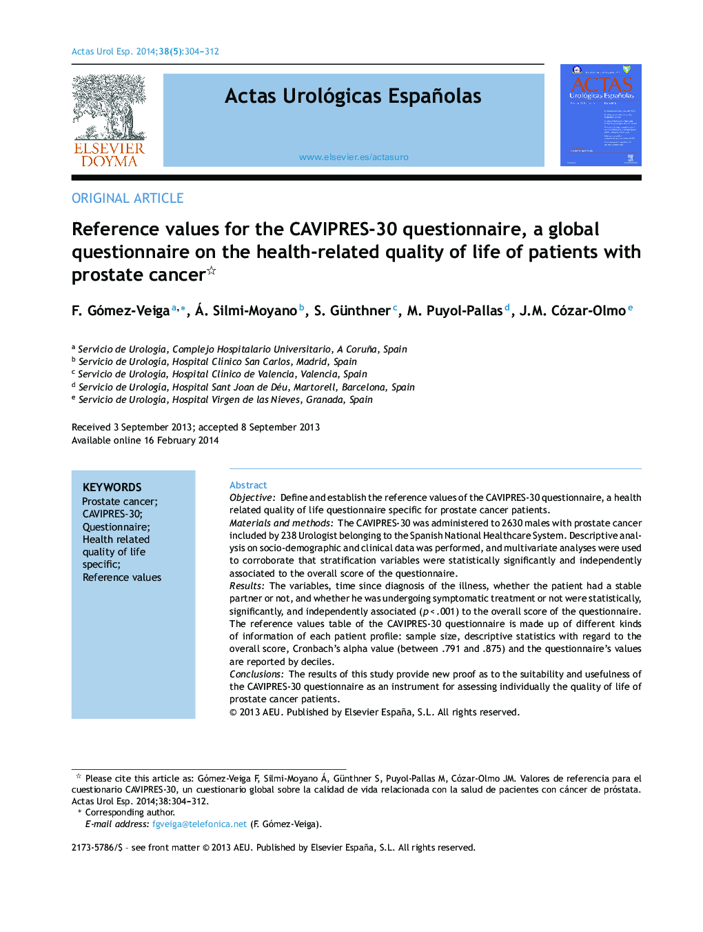 Reference values for the CAVIPRES-30 questionnaire, a global questionnaire on the health-related quality of life of patients with prostate cancer 