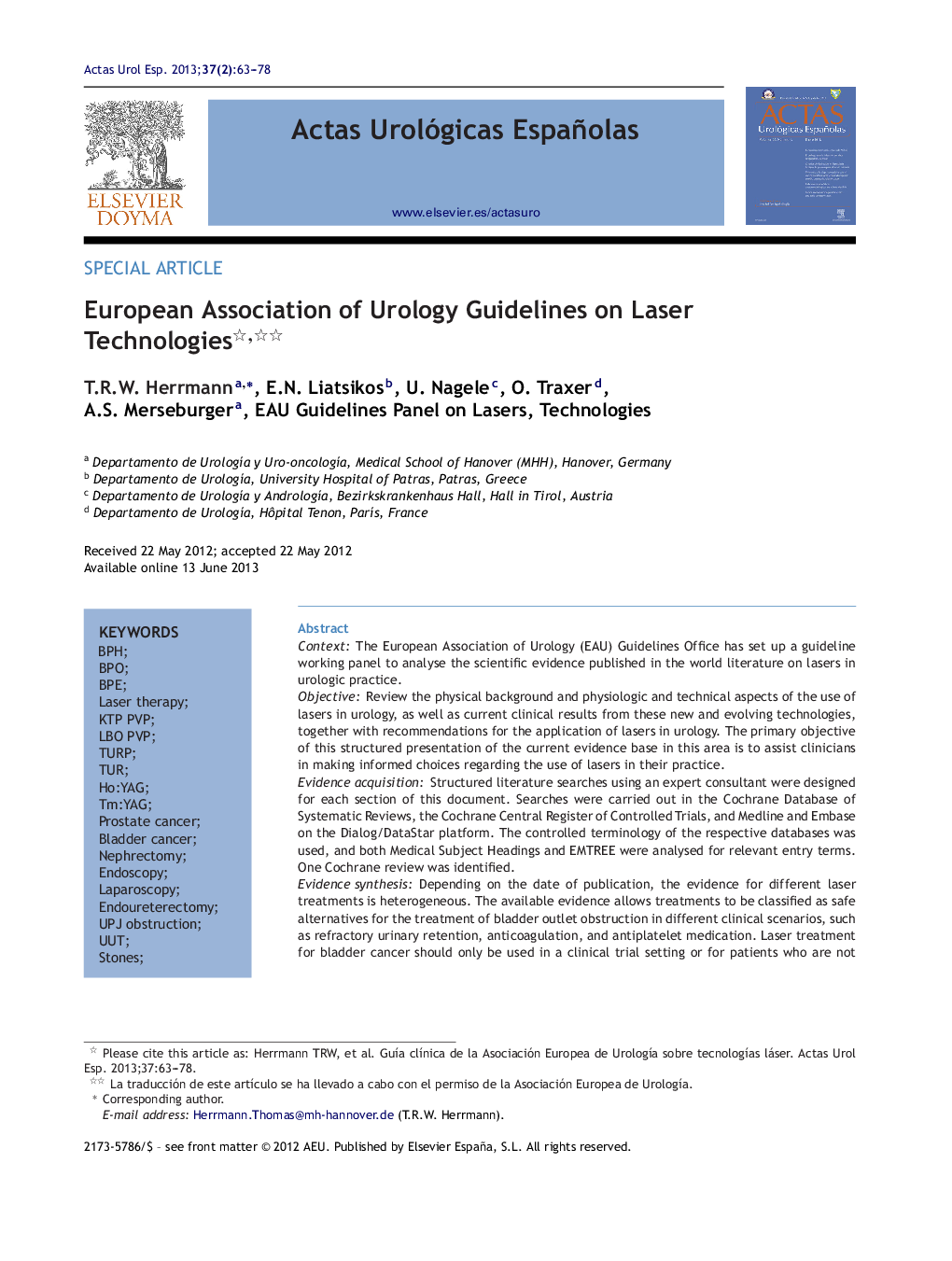 European Association of Urology Guidelines on Laser Technologies 