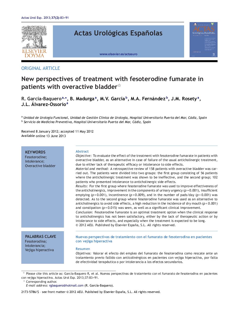 New perspectives of treatment with fesoterodine fumarate in patients with overactive bladder 