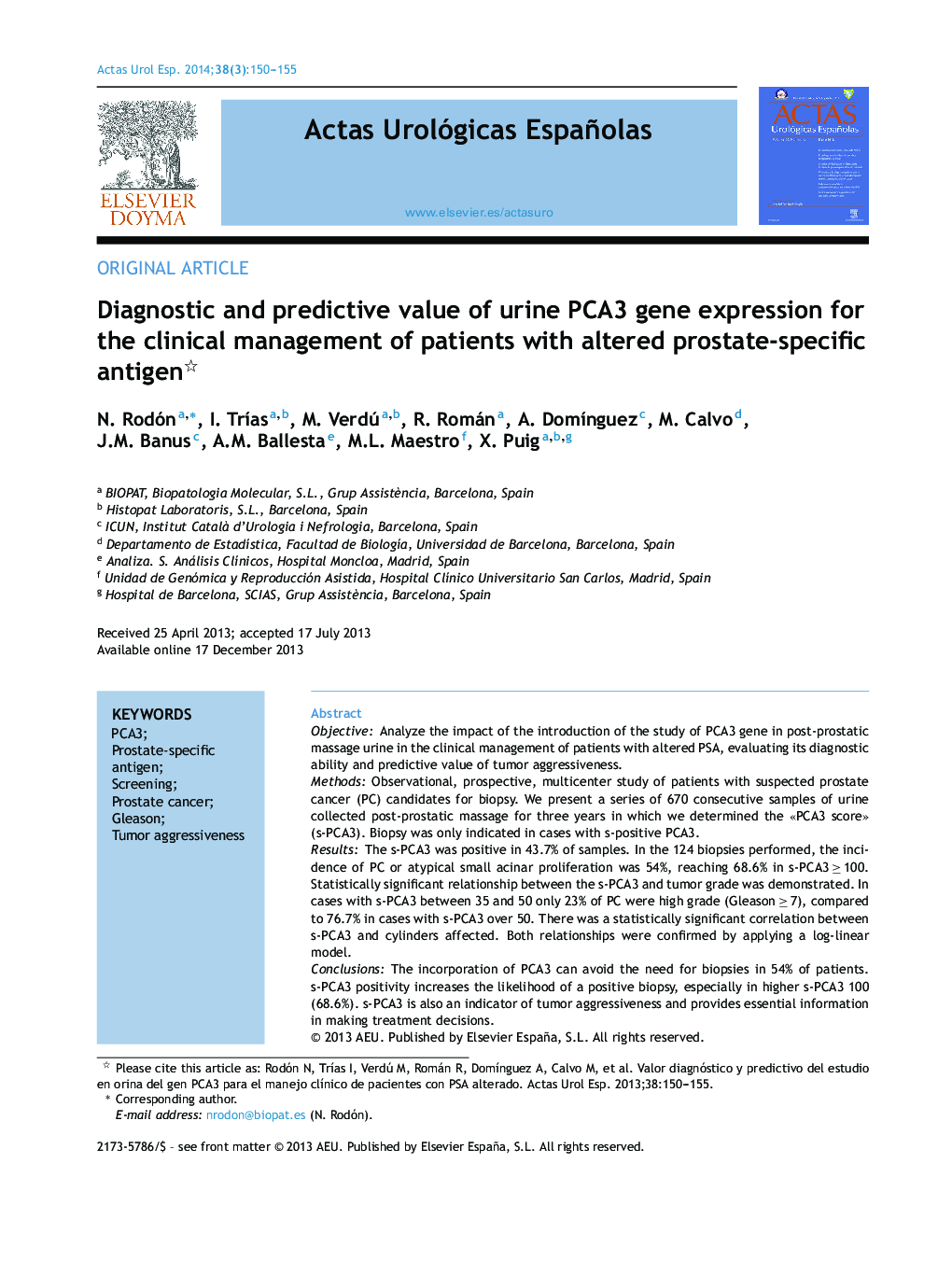 Diagnostic and predictive value of urine PCA3 gene expression for the clinical management of patients with altered prostate-specific antigen 