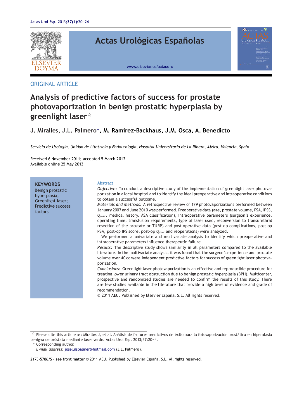 Analysis of predictive factors of success for prostate photovaporization in benign prostatic hyperplasia by greenlight laser