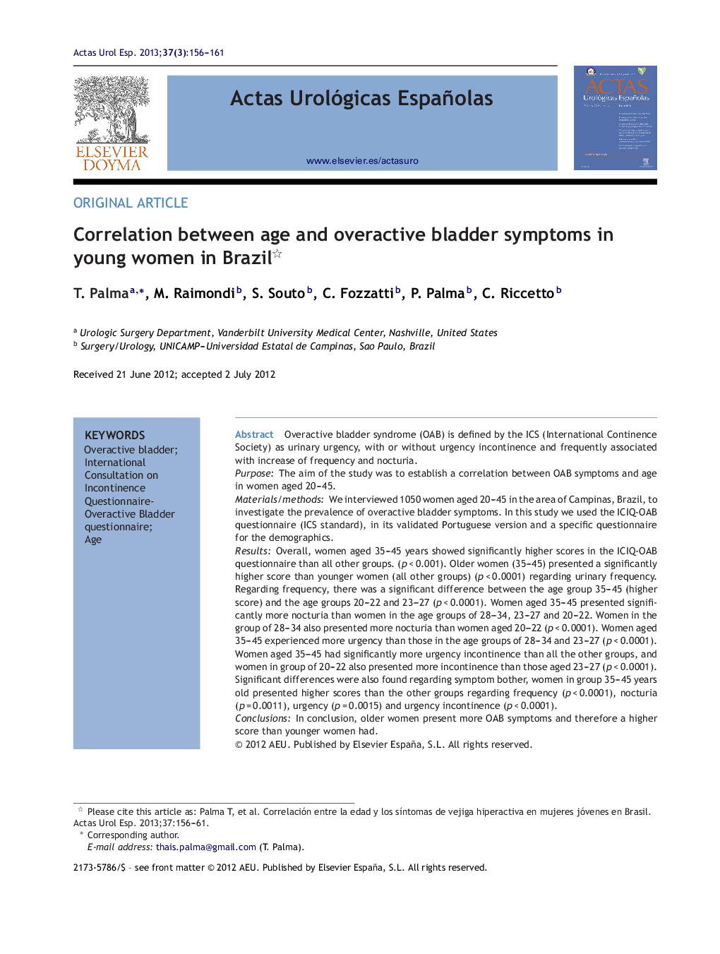 Correlation between age and overactive bladder symptoms in young women in Brazil