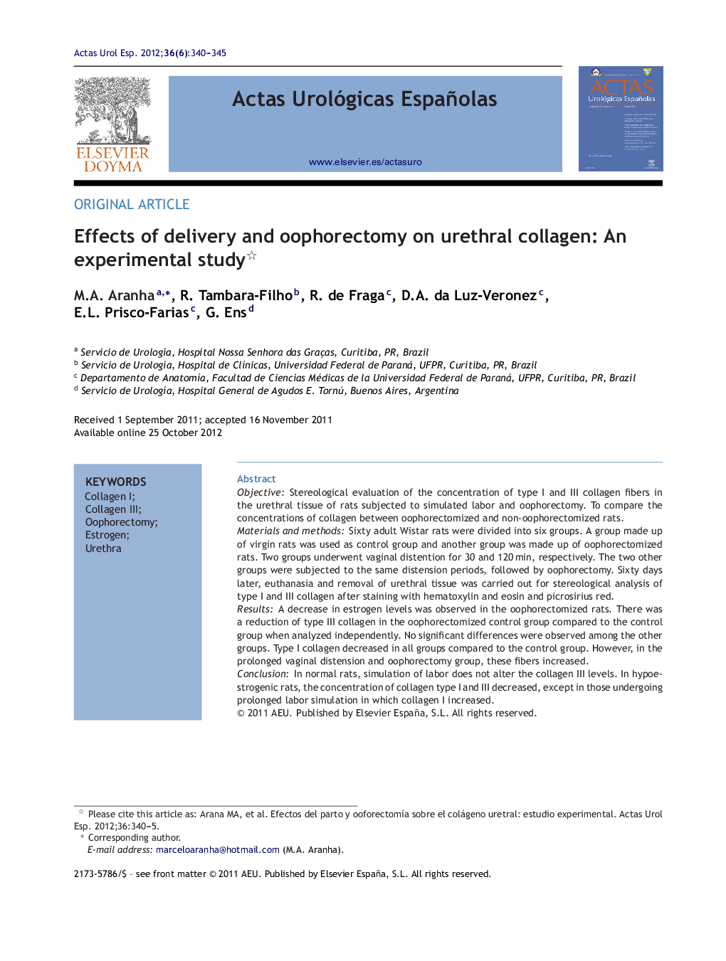 Effects of delivery and oophorectomy on urethral collagen: An experimental study