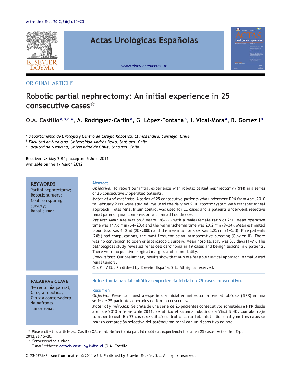 Robotic partial nephrectomy: An initial experience in 25 consecutive cases