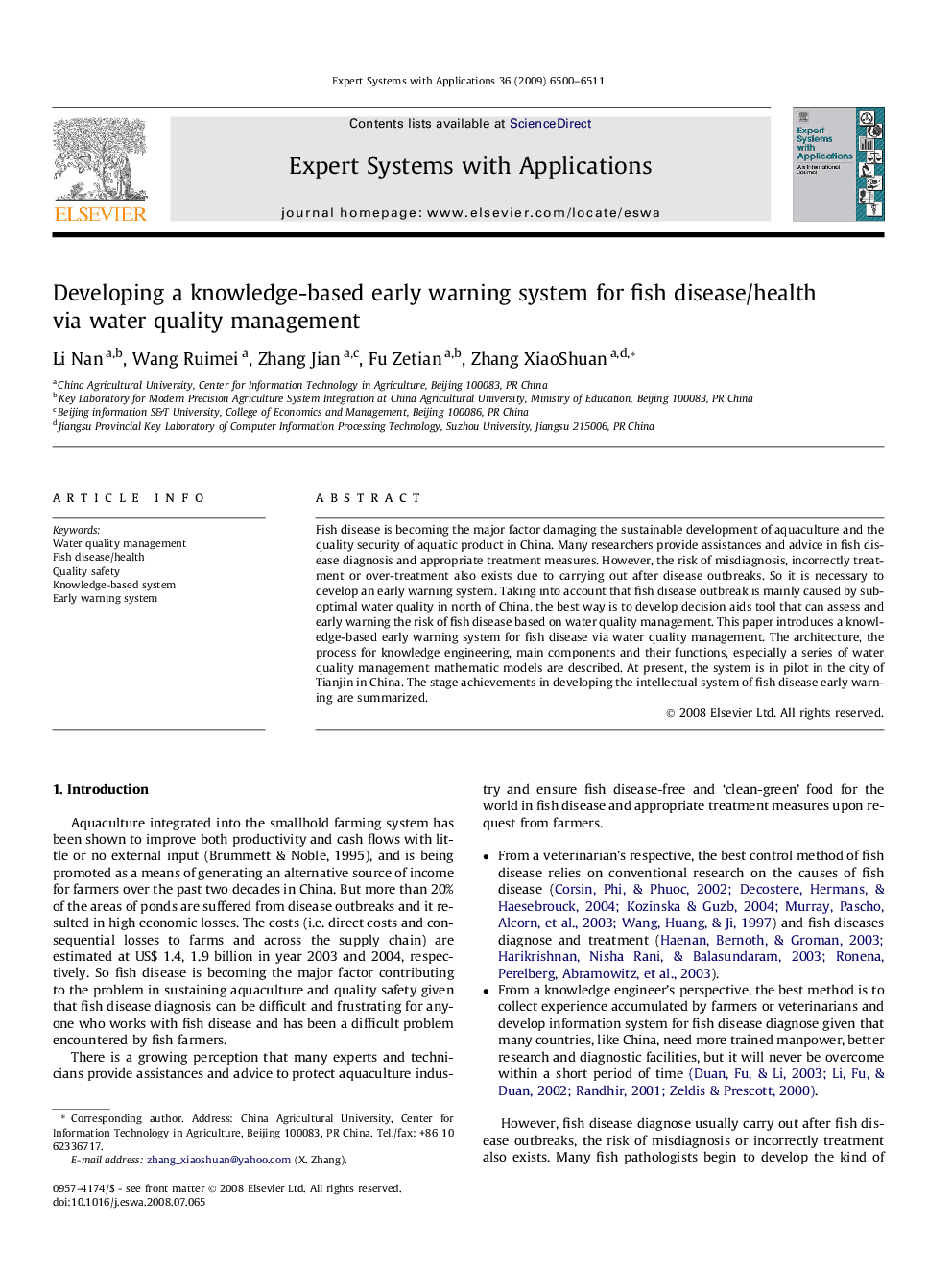 Developing a knowledge-based early warning system for fish disease/health via water quality management