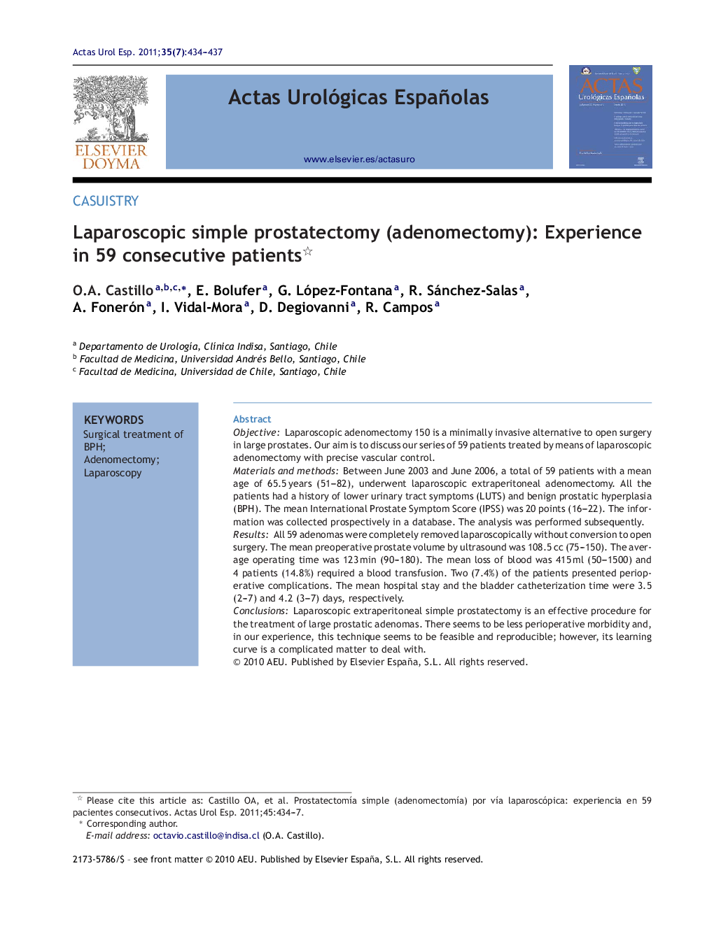 Laparoscopic simple prostatectomy (adenomectomy): Experience in 59 consecutive patients 