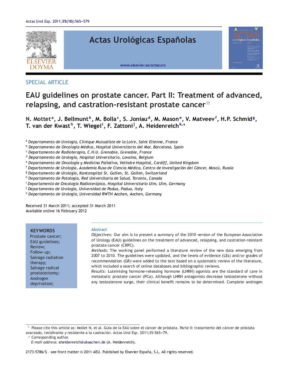 EAU guidelines on prostate cancer. Part II: Treatment of advanced, relapsing, and castration-resistant prostate cancer 