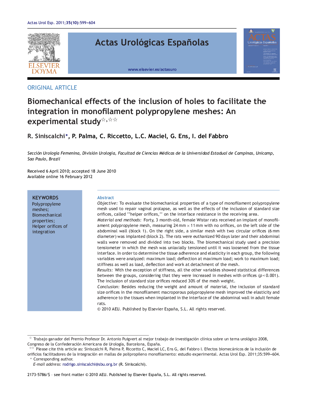 Biomechanical effects of the inclusion of holes to facilitate the integration in monofilament polypropylene meshes: An experimental study 