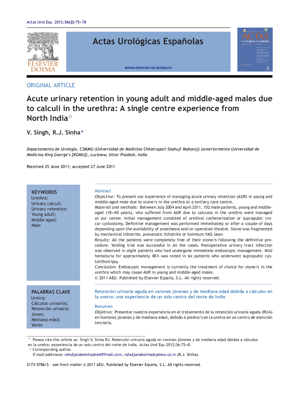 Acute urinary retention in young adult and middle-aged males due to calculi in the urethra: A single centre experience from North India 