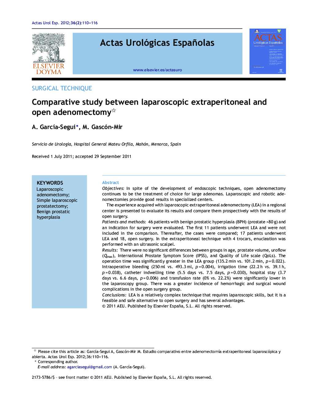 Comparative study between laparoscopic extraperitoneal and open adenomectomy