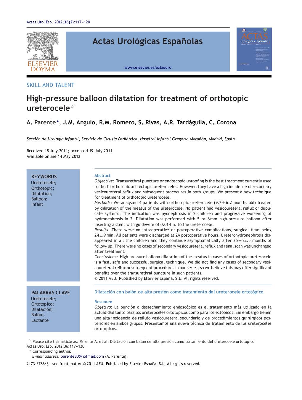 High-pressure balloon dilatation for treatment of orthotopic ureterocele 