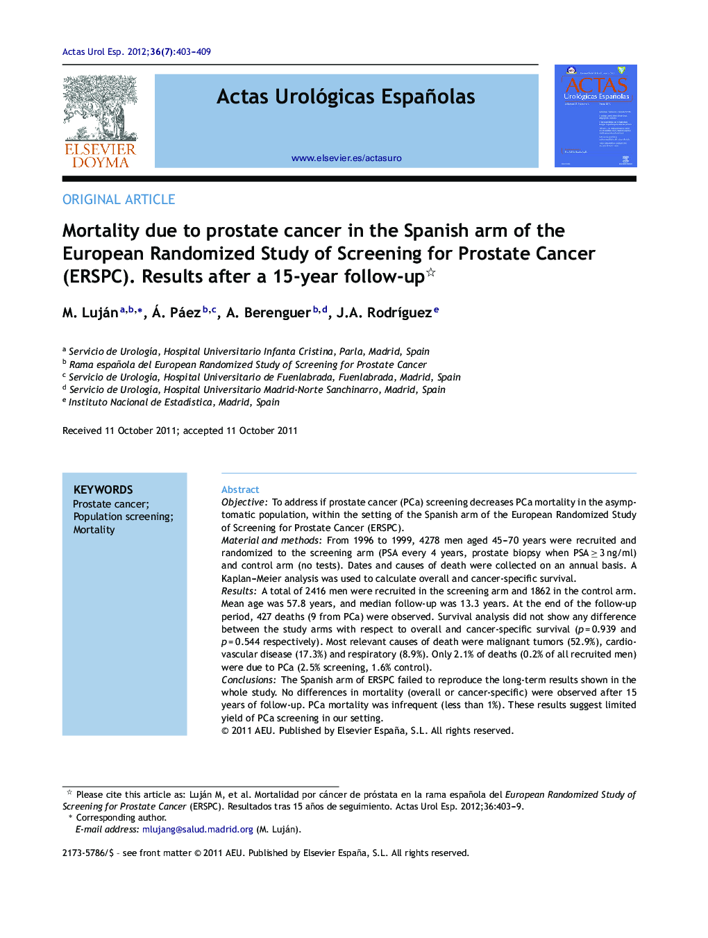 Mortality due to prostate cancer in the Spanish arm of the European Randomized Study of Screening for Prostate Cancer (ERSPC). Results after a 15-year follow-up 