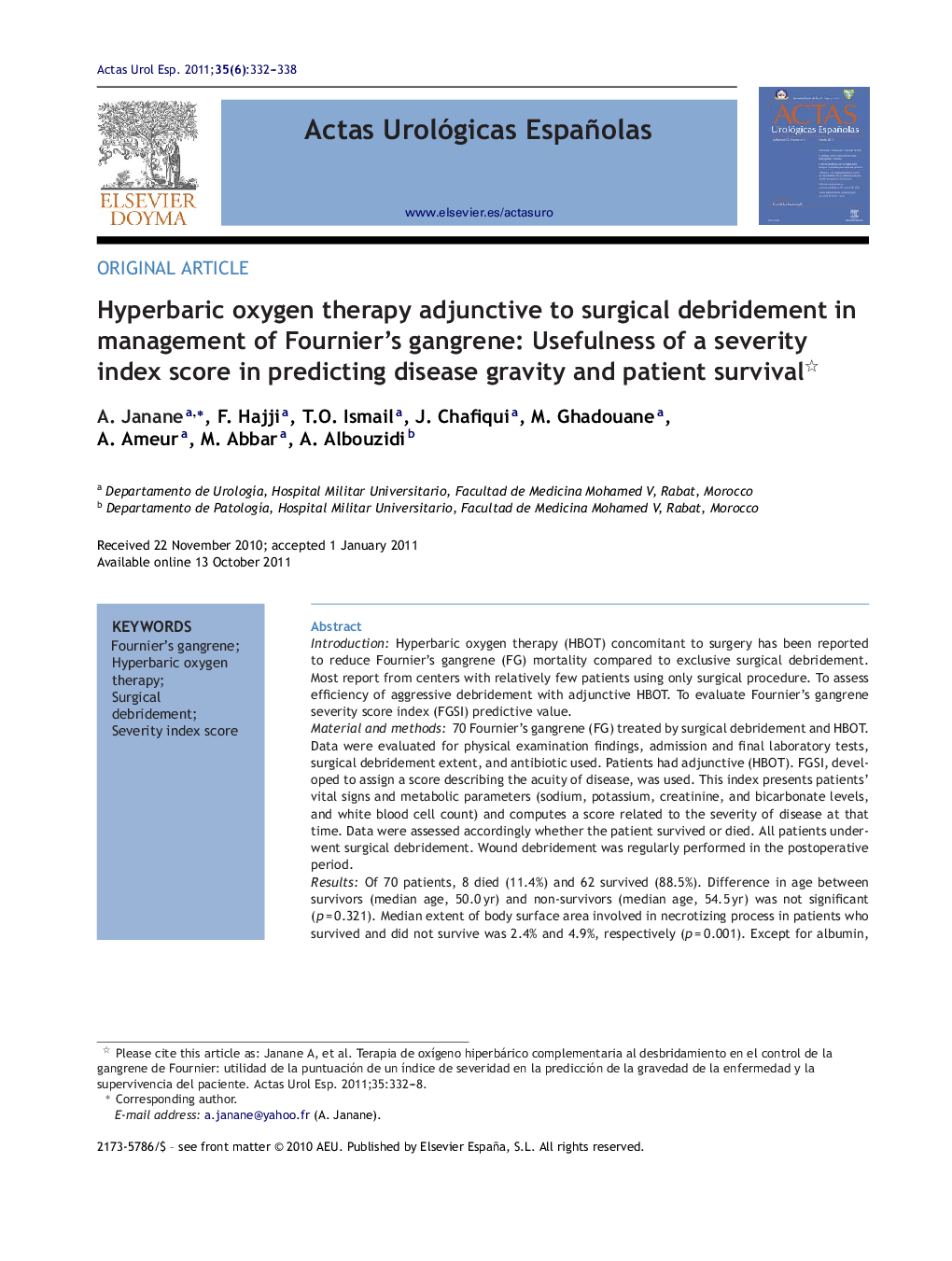 Hyperbaric oxygen therapy adjunctive to surgical debridement in management of Fournier's gangrene: Usefulness of a severity index score in predicting disease gravity and patient survival 