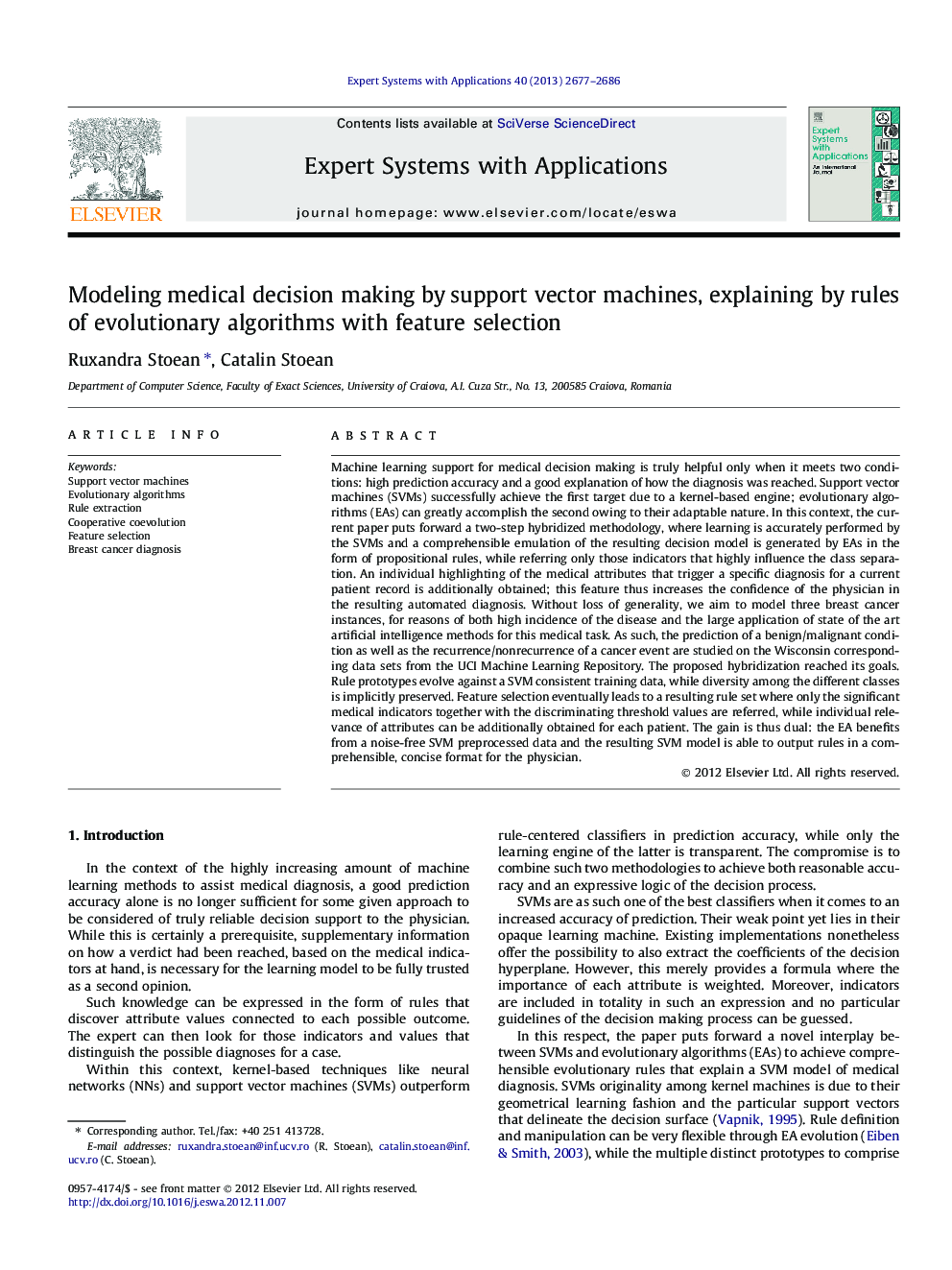 Modeling medical decision making by support vector machines, explaining by rules of evolutionary algorithms with feature selection