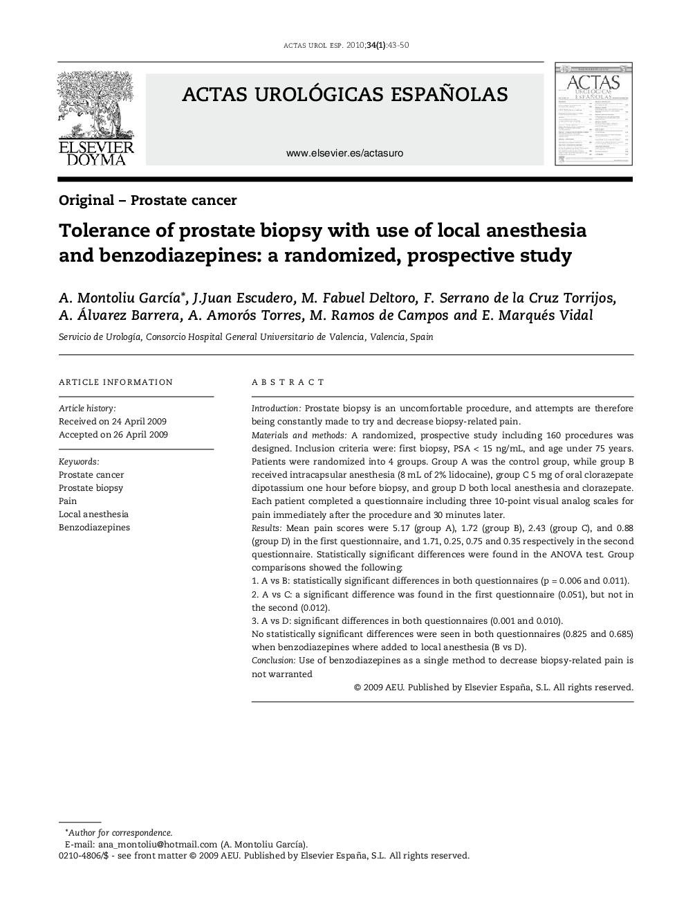 Tolerance of prostate biopsy with use of local anesthesia and benzodiazepines: a randomized, prospective study
