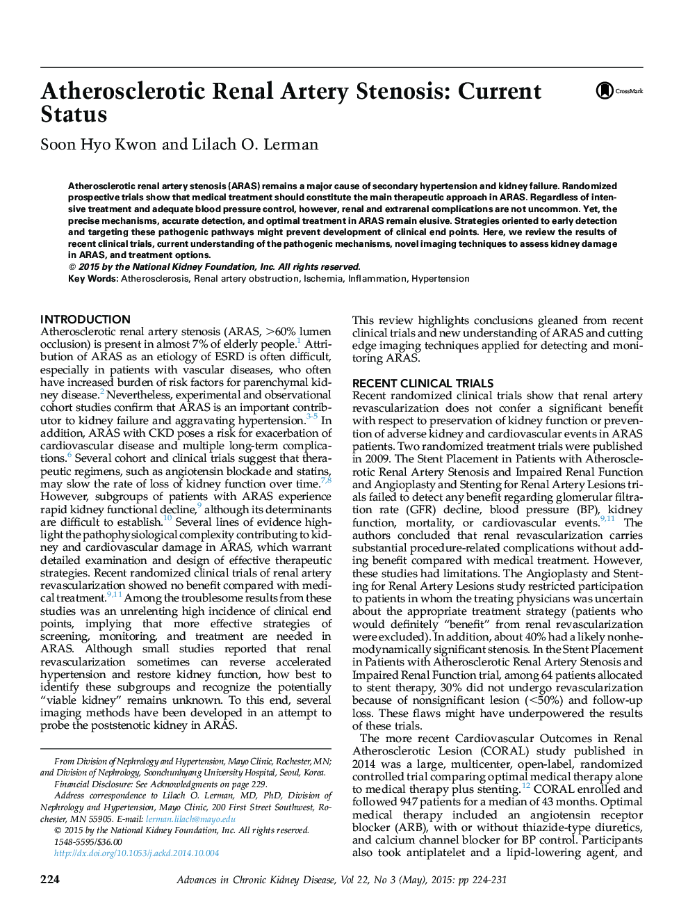 Atherosclerotic Renal Artery Stenosis: Current Status