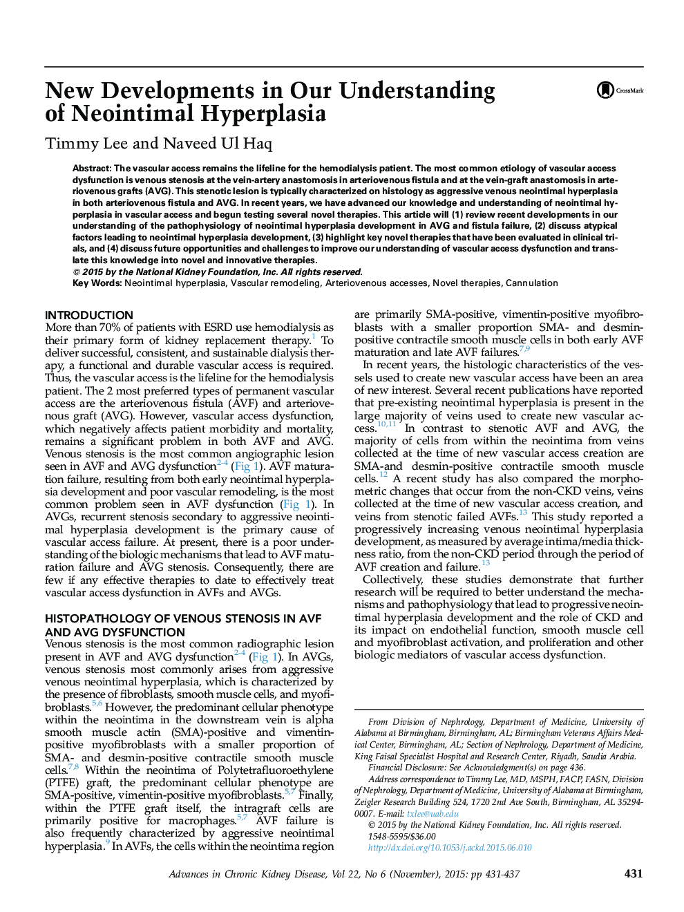 New Developments in Our Understanding of Neointimal Hyperplasia