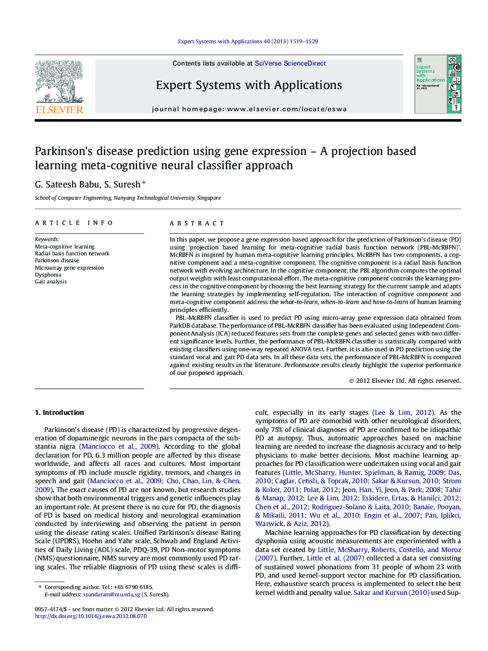 Parkinson’s disease prediction using gene expression – A projection based learning meta-cognitive neural classifier approach