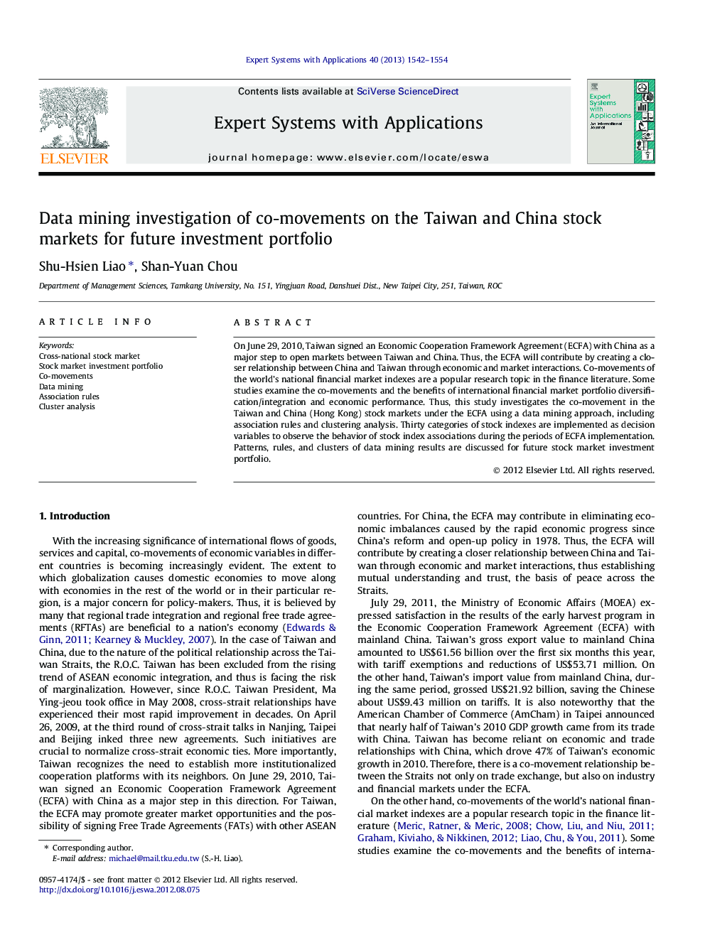 Data mining investigation of co-movements on the Taiwan and China stock markets for future investment portfolio