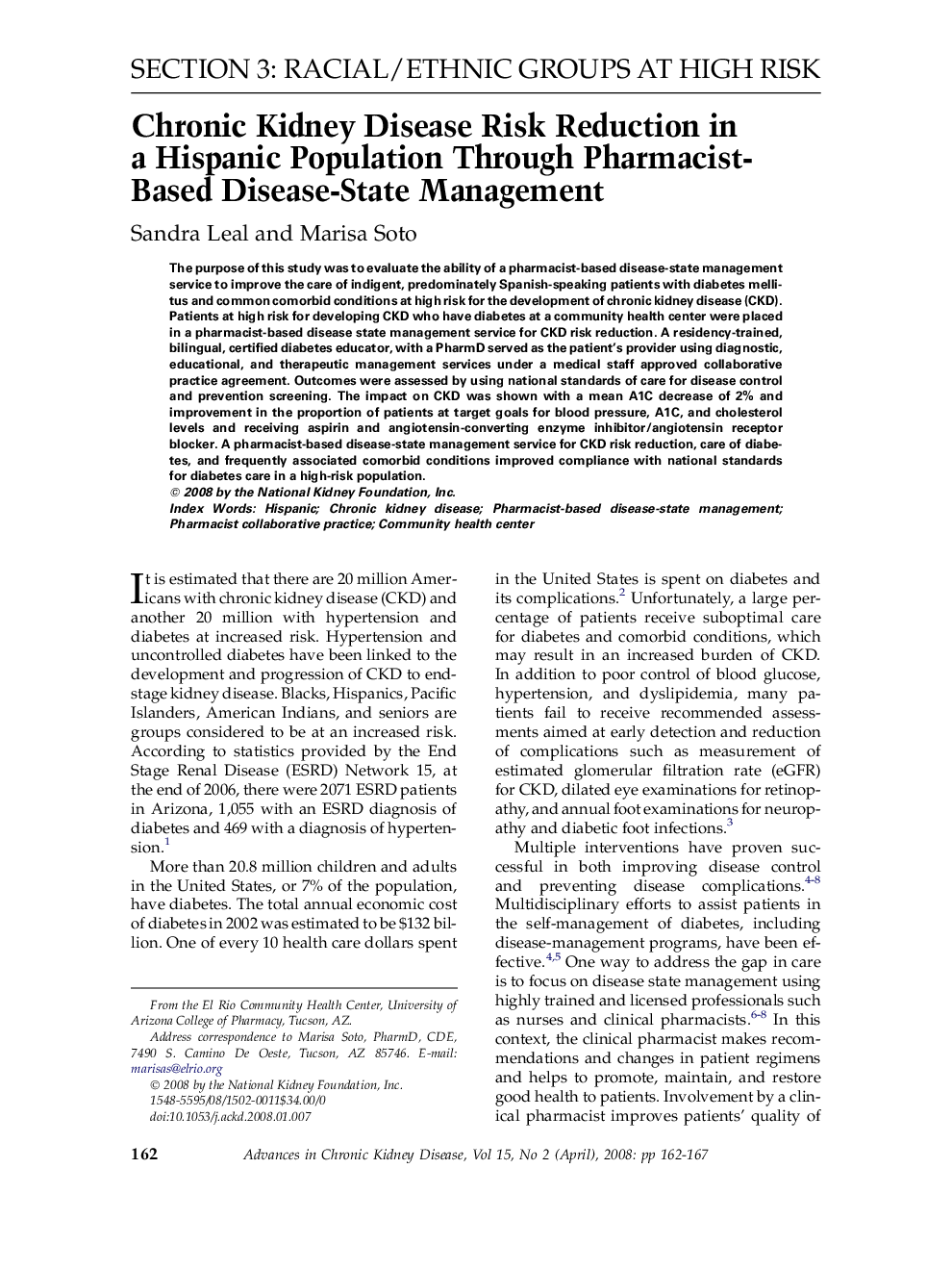 Chronic Kidney Disease Risk Reduction in a Hispanic Population Through Pharmacist-Based Disease-State Management