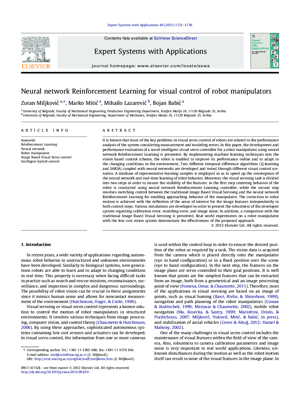 Neural network Reinforcement Learning for visual control of robot manipulators