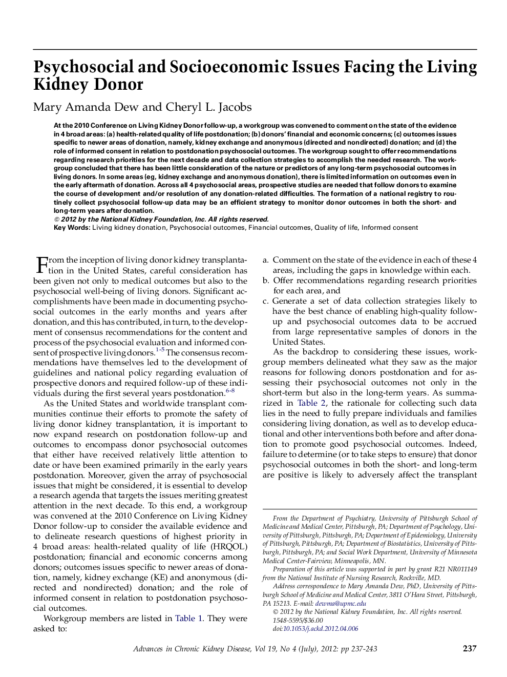 Psychosocial and Socioeconomic Issues Facing the Living Kidney Donor