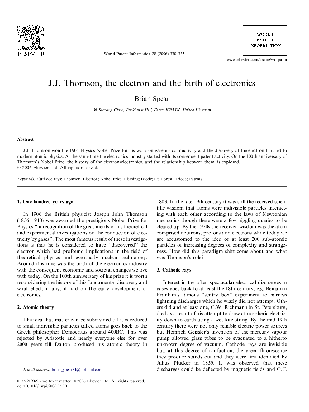 J.J. Thomson, the electron and the birth of electronics