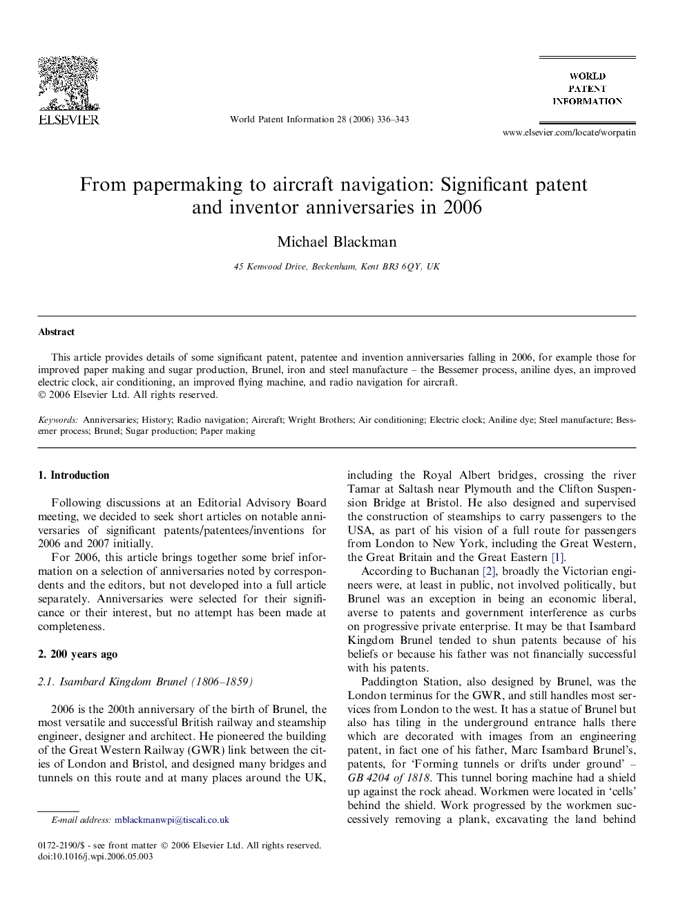 From papermaking to aircraft navigation: Significant patent and inventor anniversaries in 2006