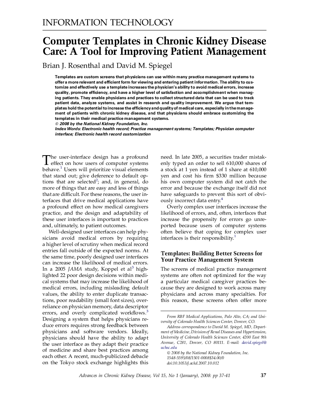 Computer Templates in Chronic Kidney Disease Care: A Tool for Improving Patient Management