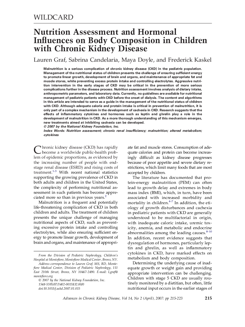 Nutrition Assessment and Hormonal Influences on Body Composition in Children with Chronic Kidney Disease