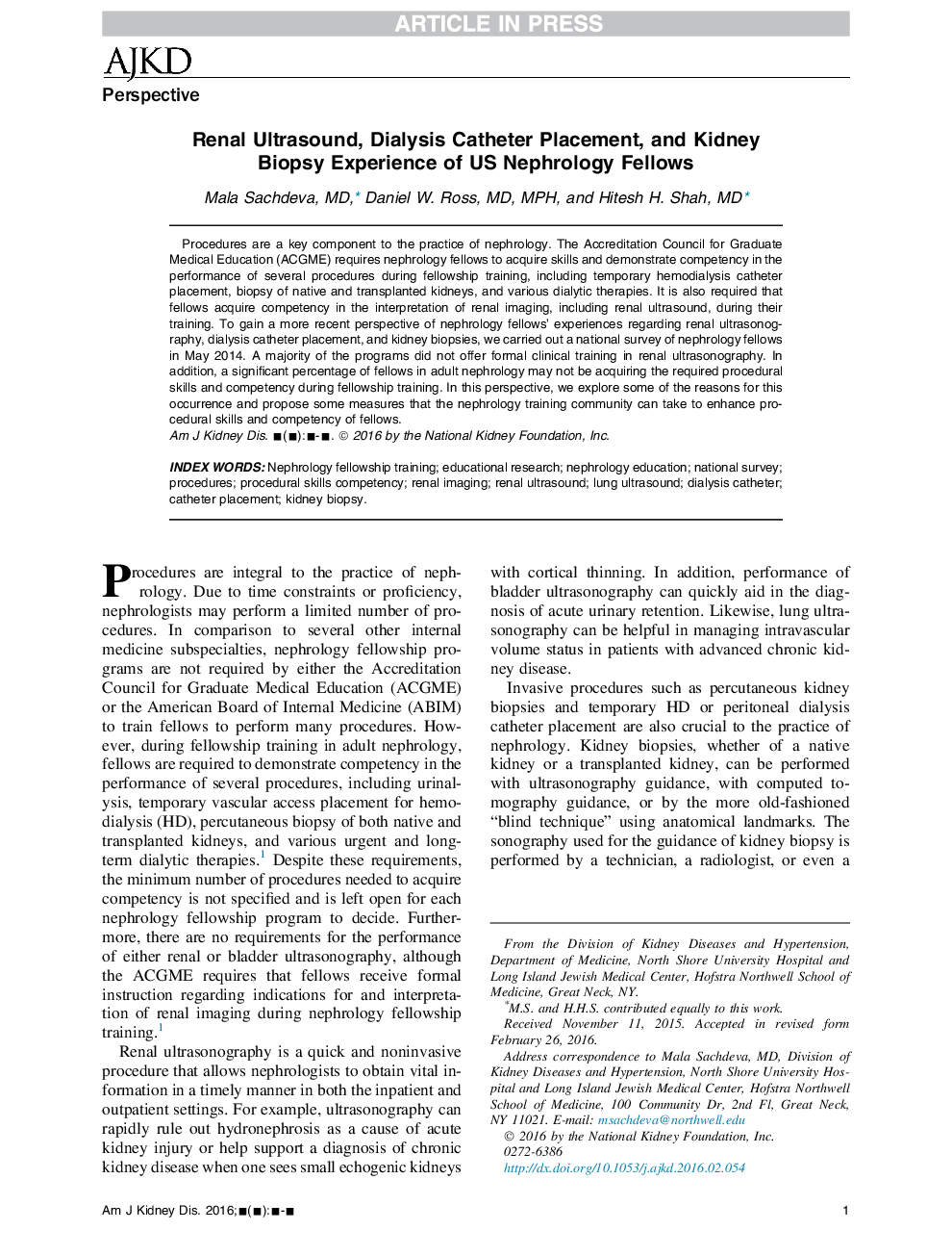 سونوگرافی کلیه، قرار دادن کاتتر دیالیز، و تجربه بیوپسی کلیه از دانشجویان پزشکی نفرولوژی ایالات متحده 