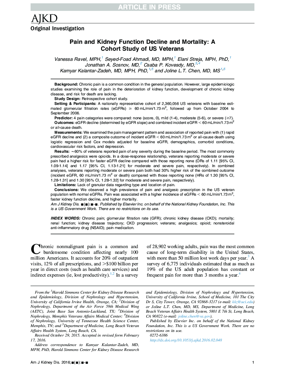 Pain and Kidney Function Decline and Mortality: A CohortÂ StudyÂ of US Veterans