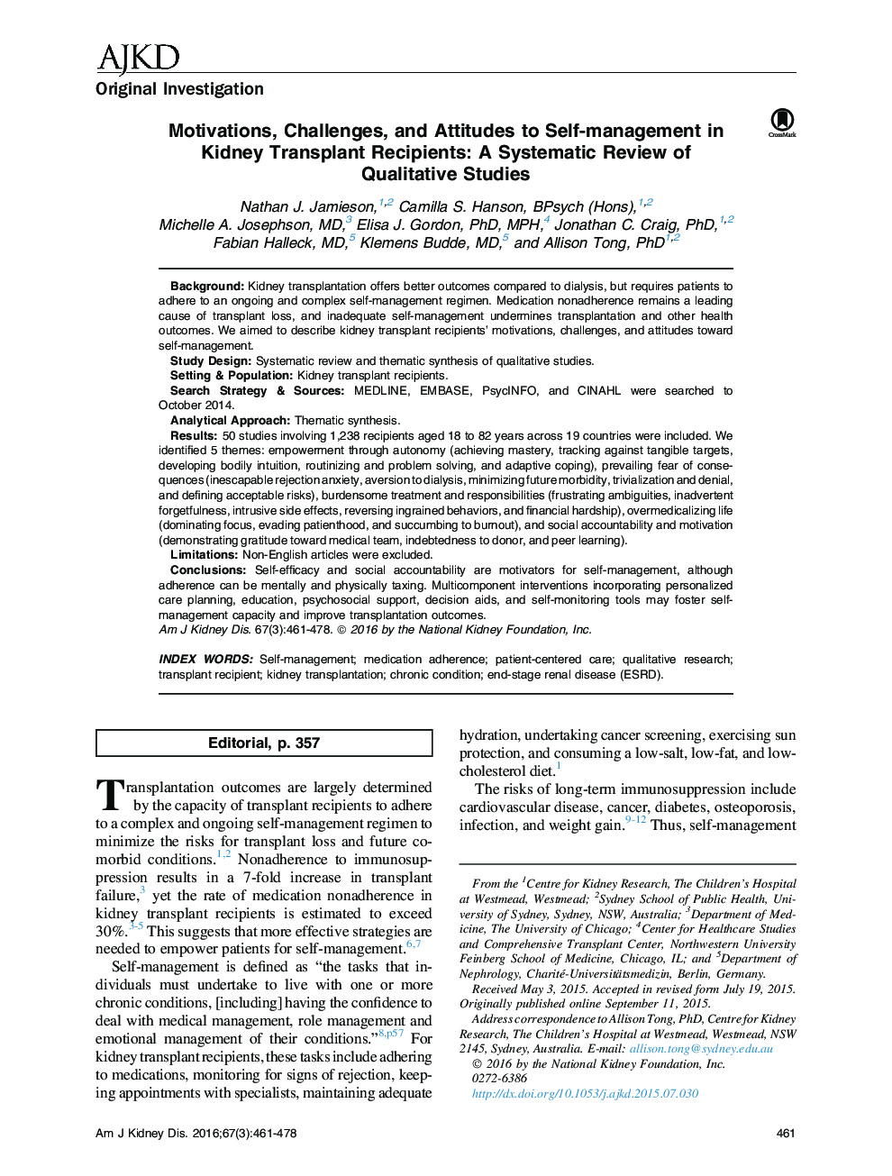 Motivations, Challenges, and Attitudes to Self-management in Kidney Transplant Recipients: A Systematic Review of Qualitative Studies