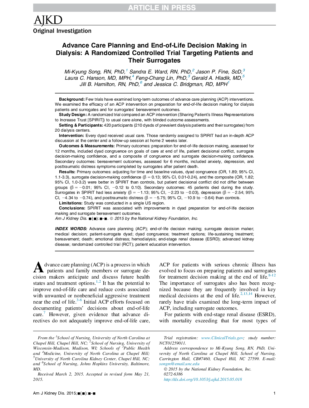 تصمیم گیری پیشگیرانه مراقبت و تصمیم گیری در مورد پایان زندگی در دیالیز: یک راهبرد کنترل شده با کنترل تصادفی بیماران و جانشینان آنها 