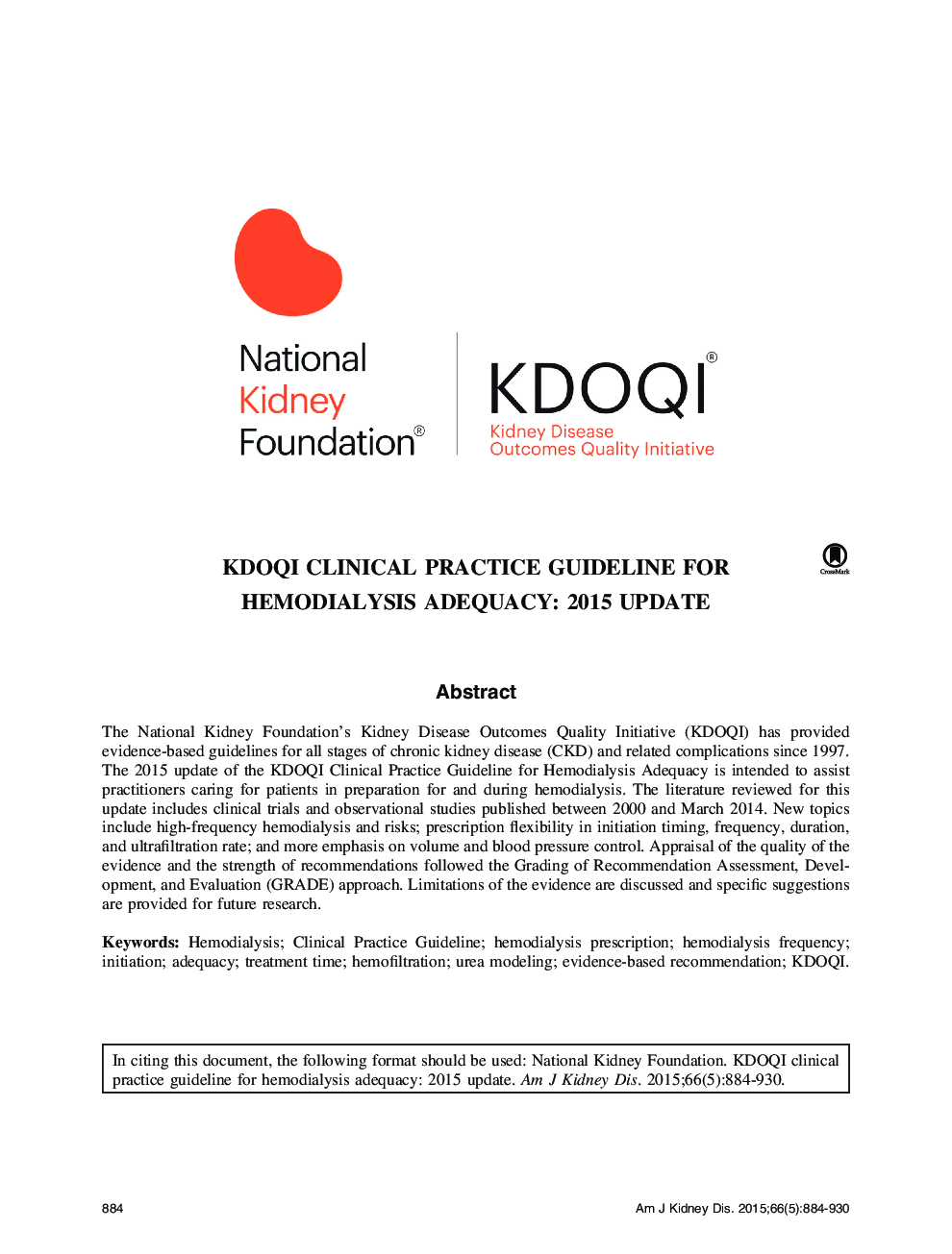 KDOQI Clinical Practice Guideline for Hemodialysis Adequacy: 2015 Update