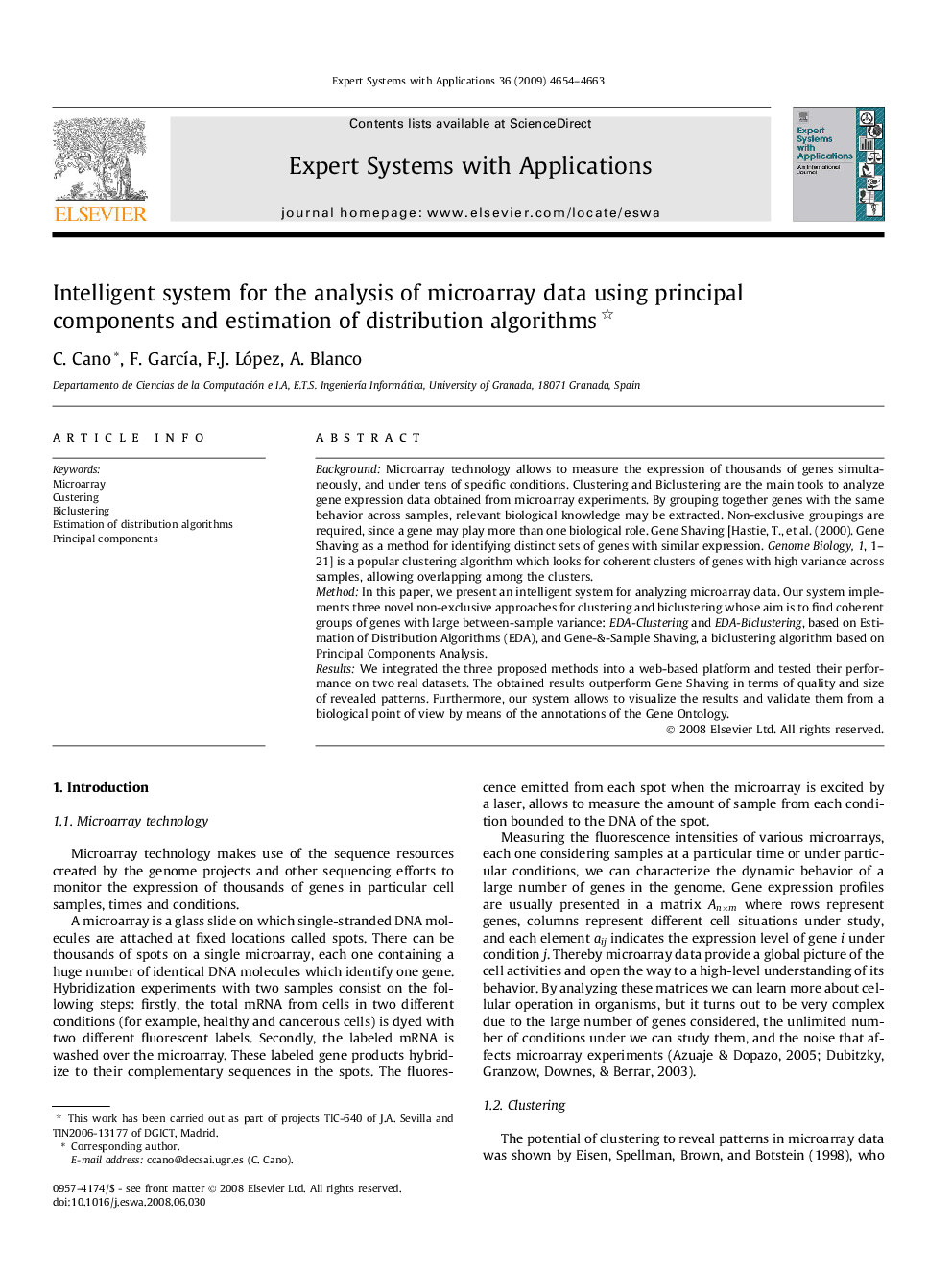 Intelligent system for the analysis of microarray data using principal components and estimation of distribution algorithms 