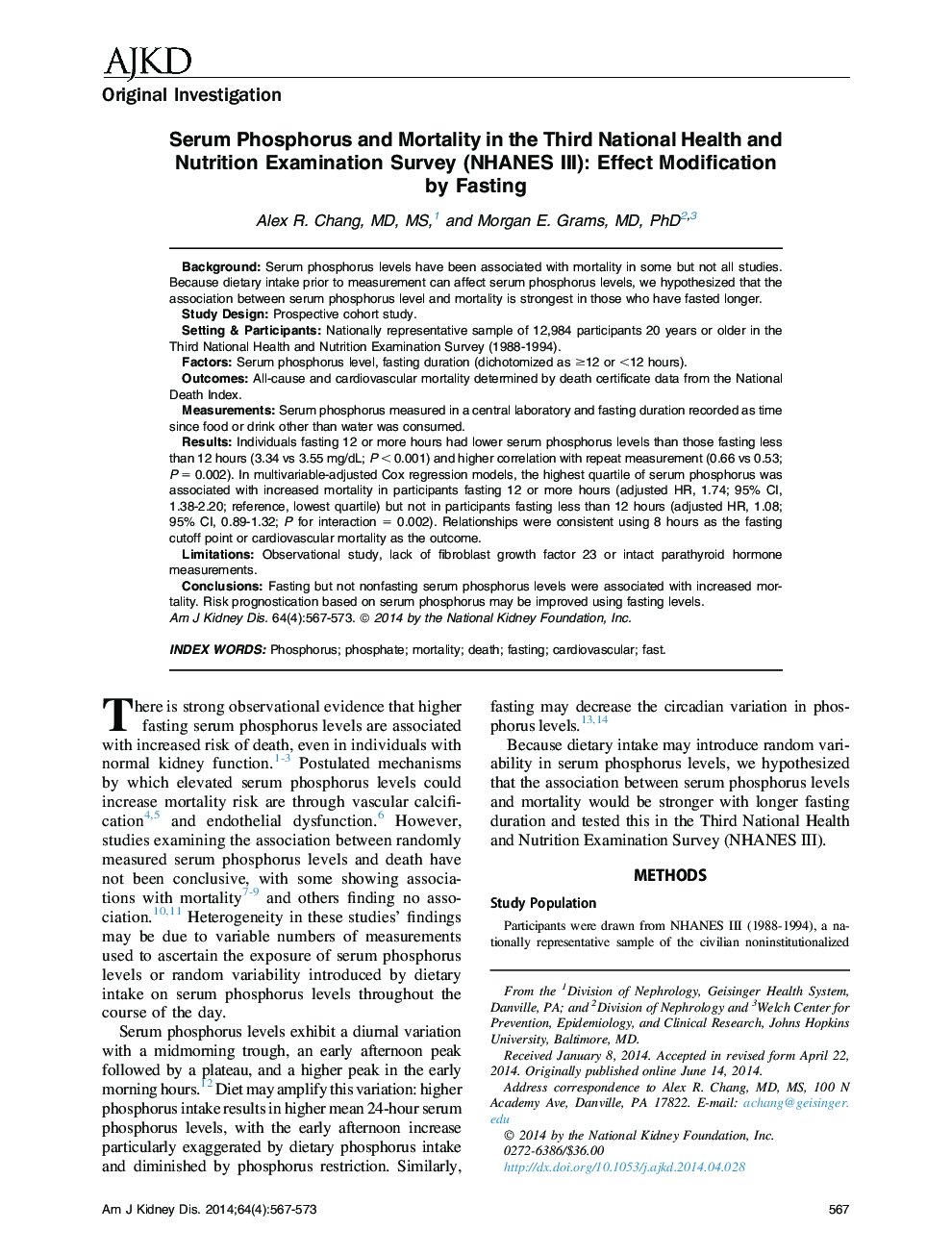 Serum Phosphorus and Mortality in the Third National Health and Nutrition Examination Survey (NHANES III): Effect Modification by Fasting