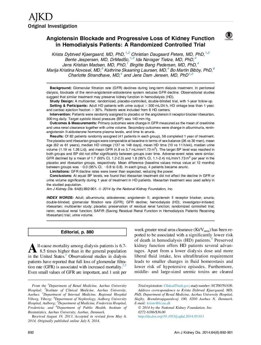 انسداد آنژیوتانسین و تسریع در عملکرد کلیه در بیماران همودیالیز: یک آزمایش تصادفی کنترل شده 