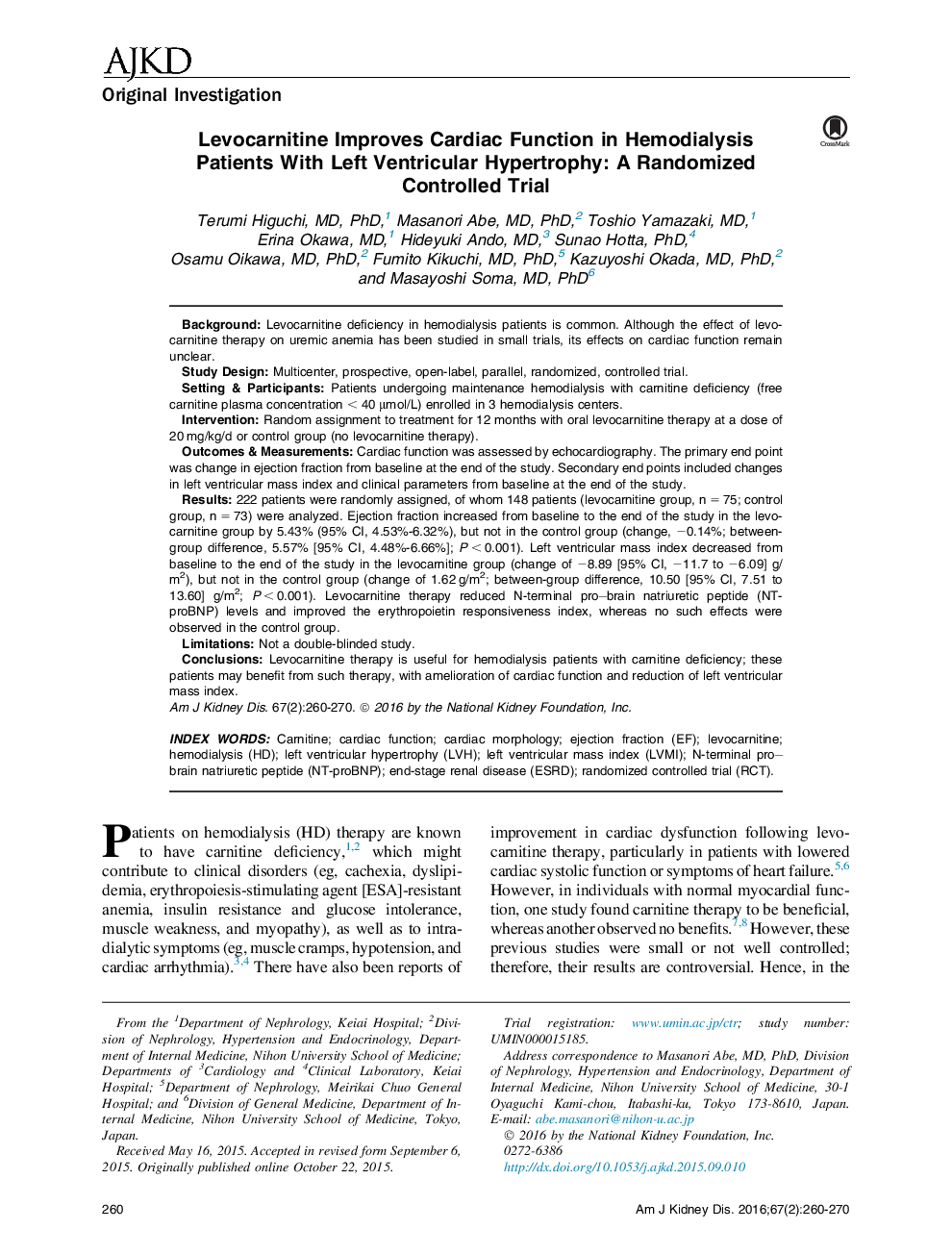 Levocarnitine Improves Cardiac Function in Hemodialysis Patients With Left Ventricular Hypertrophy: A Randomized Controlled Trial